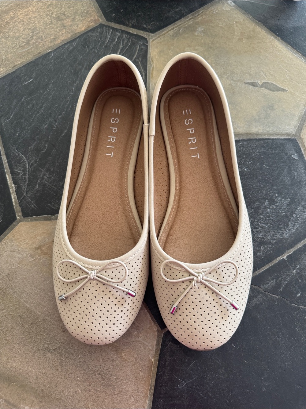 Esprit Women's Beige Perforated Ballet Flats with Bow